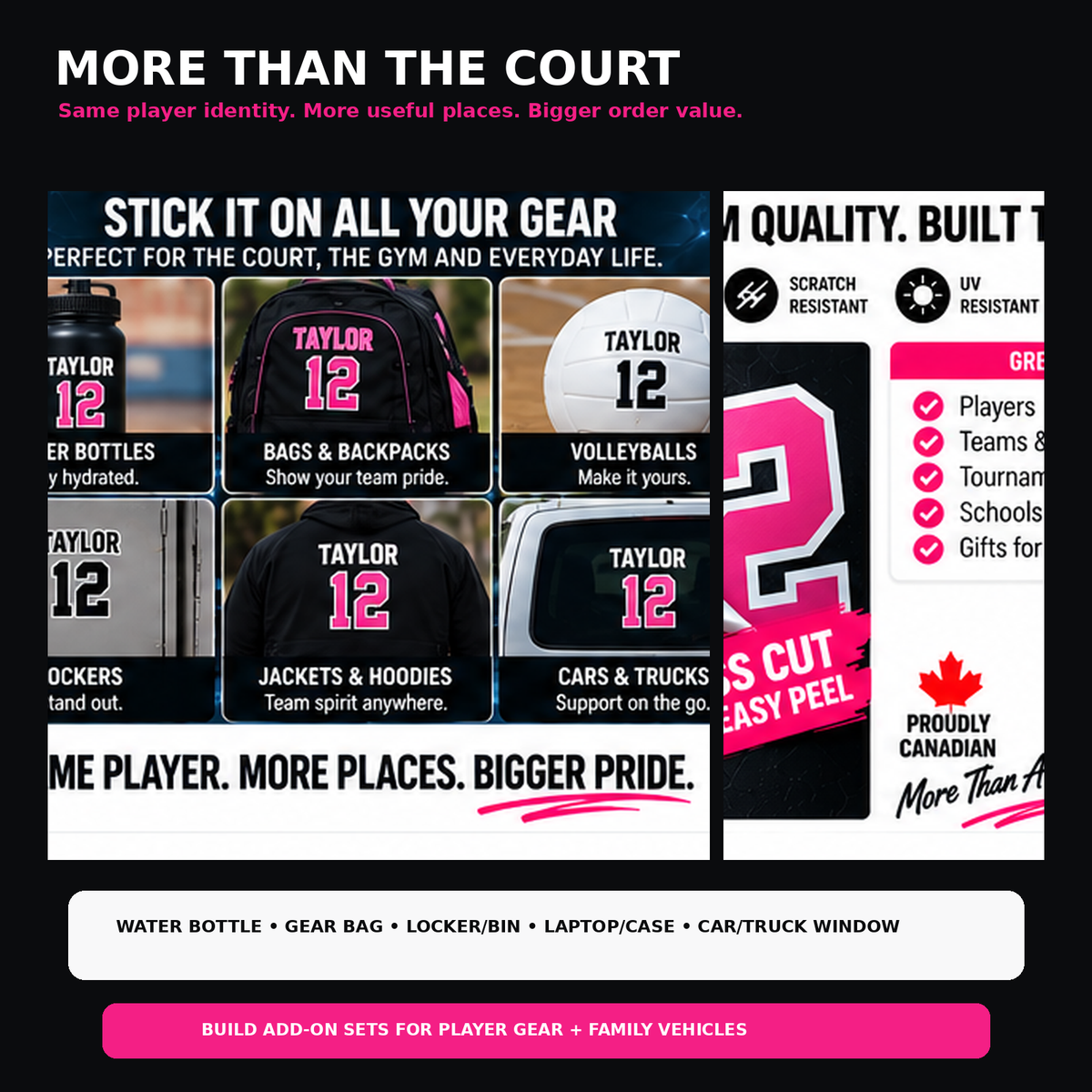 Volleyball player name and number stickers used on bottles, gear, lockers, hard cases and family vehicles.