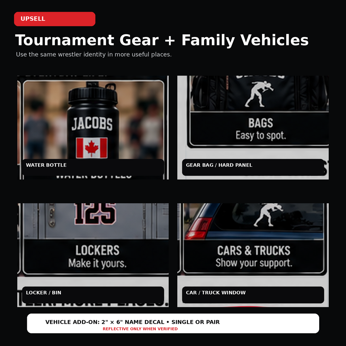 Wrestling name sticker uses on water bottles, gear bags, lockers, bins and family vehicle windows.