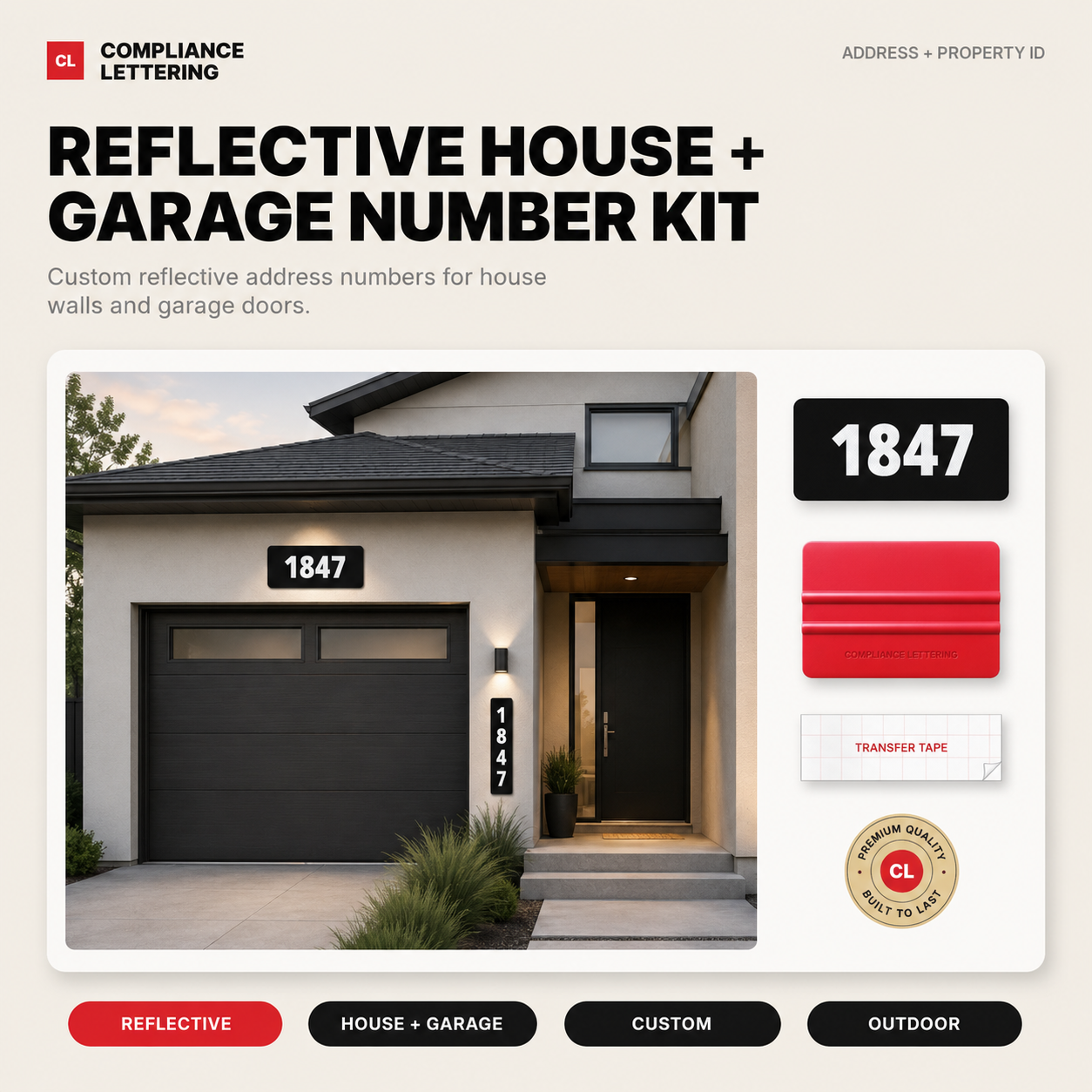Reflective house number kit on a residential wall