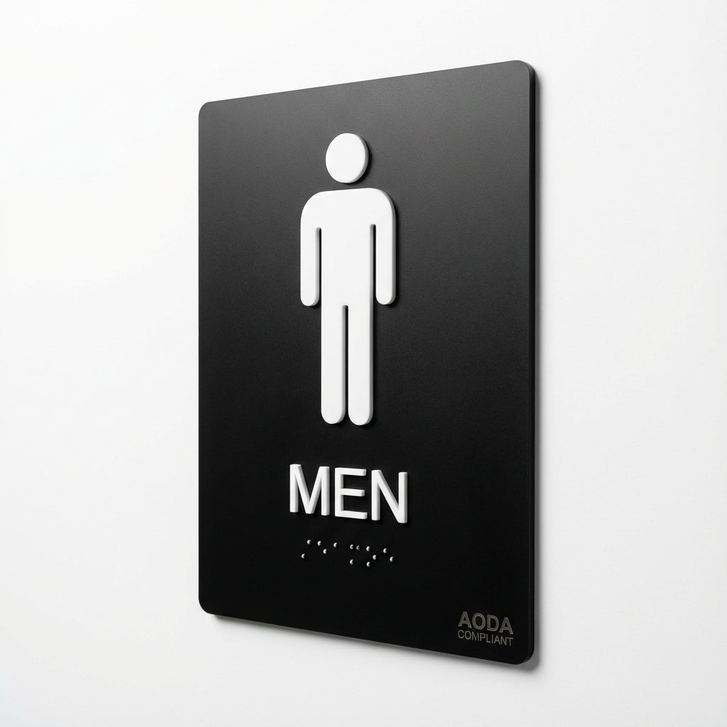 AODA tactile Braille washroom sign, Ontario accessibility compliance