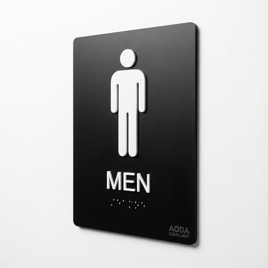 AODA tactile Braille washroom sign, Ontario accessibility compliance
