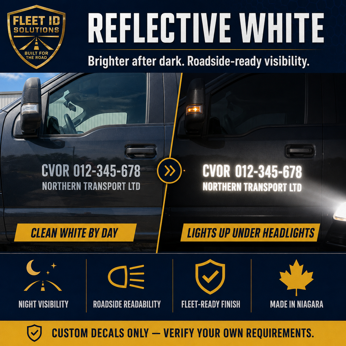CVOR reflective white door decals — clean white by day, lights up under headlights at night, Ontario fleet ID