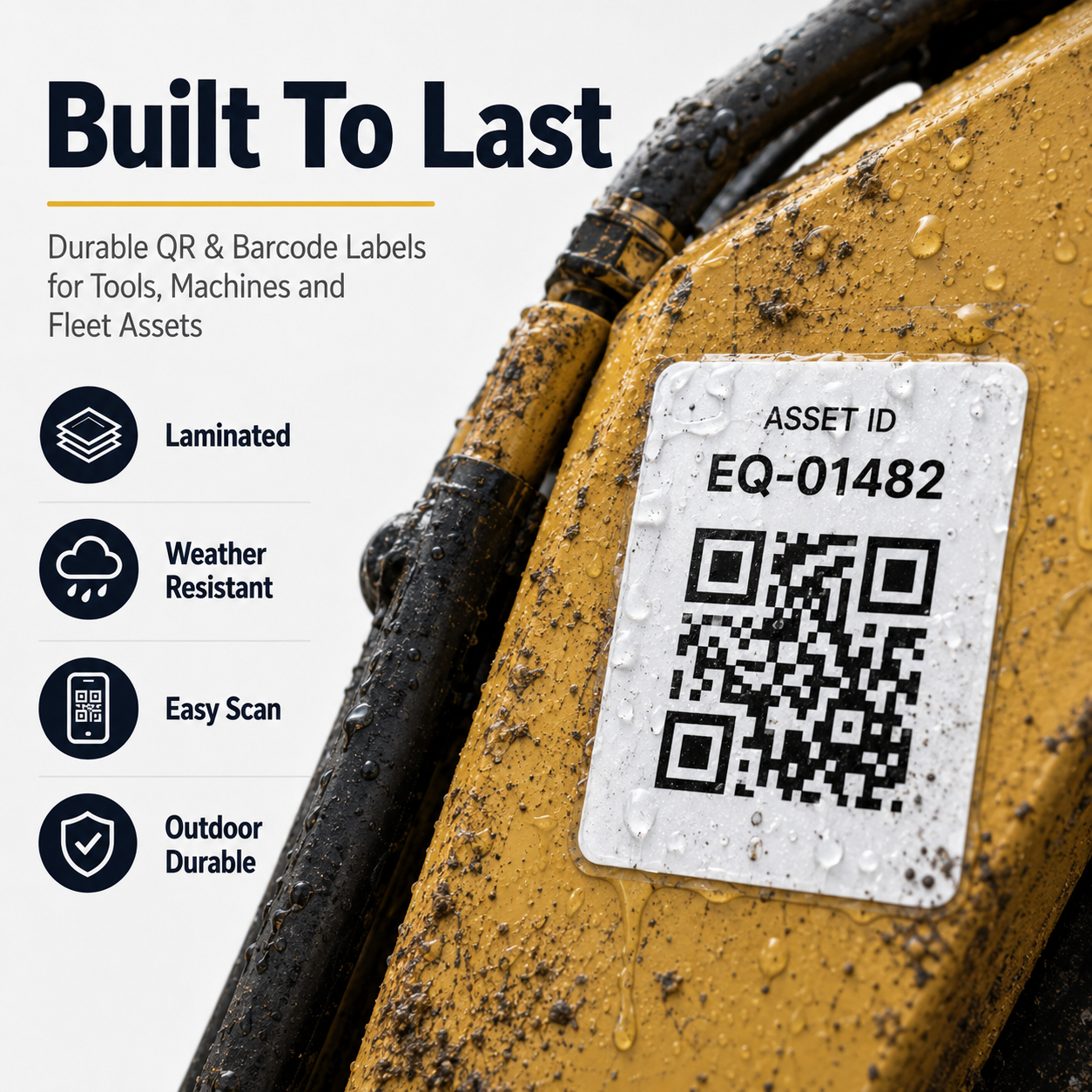 Durable QR asset label on muddy heavy equipment with water resistance and easy-scan callouts