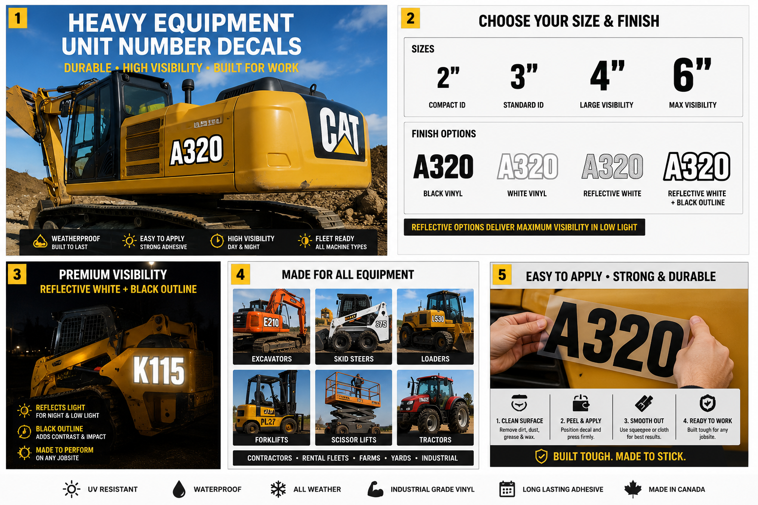Heavy equipment unit number decals listing collage