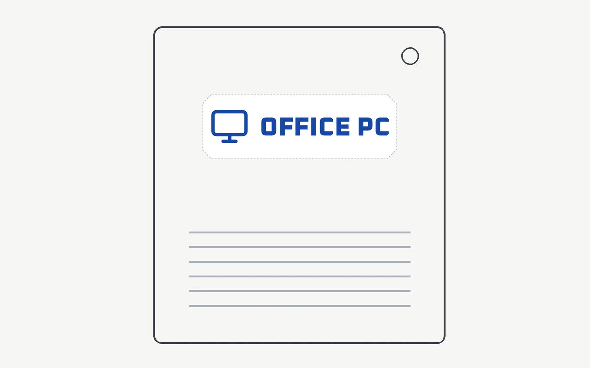 Outline of a PC tower with its name label on a flat spot clear of the vents and the power button