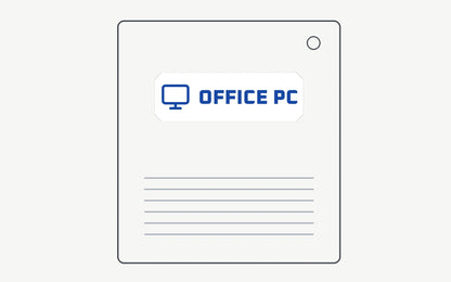 Outline of a PC tower with its name label on a flat spot clear of the vents and the power button