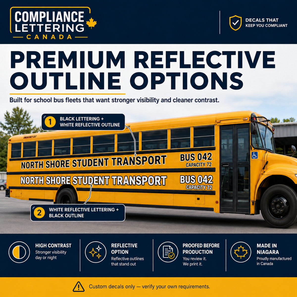 Premium reflective outline options for school bus lettering showing black lettering with white reflective outline and white reflective lettering with black outline