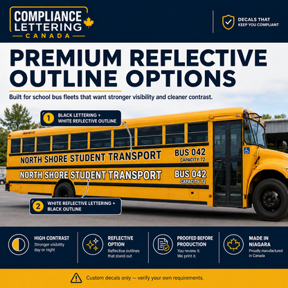 Premium reflective outline options for school bus lettering showing black lettering with white reflective outline and white reflective lettering with black outline