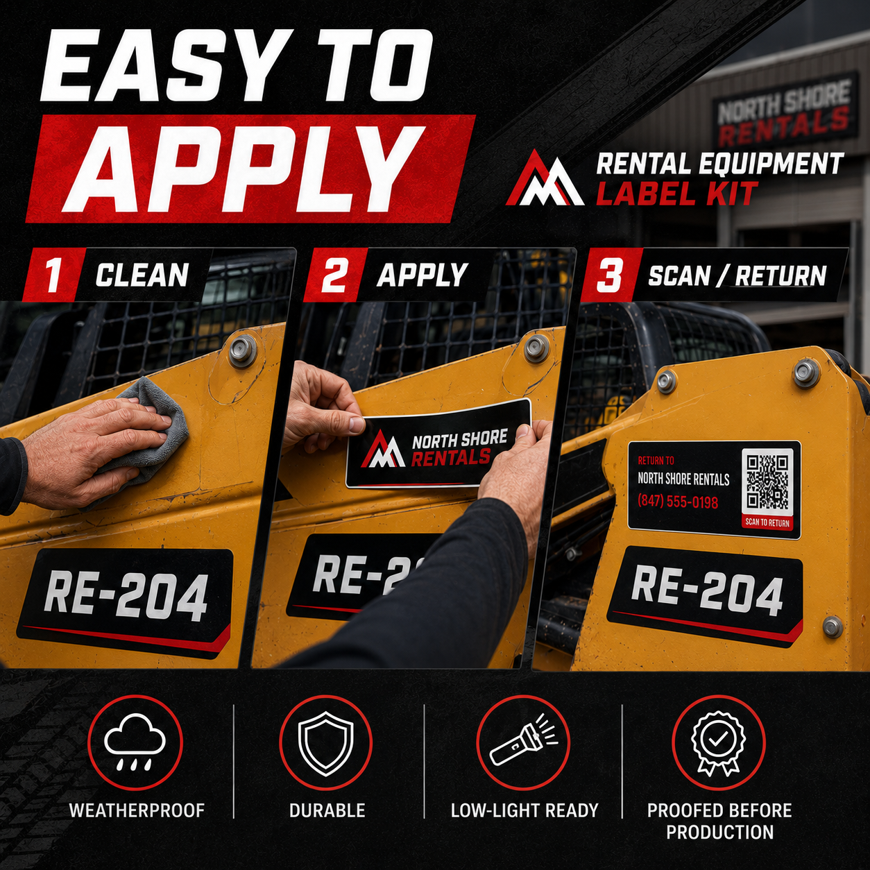 Easy application guide for rental equipment labels clean apply scan and return
