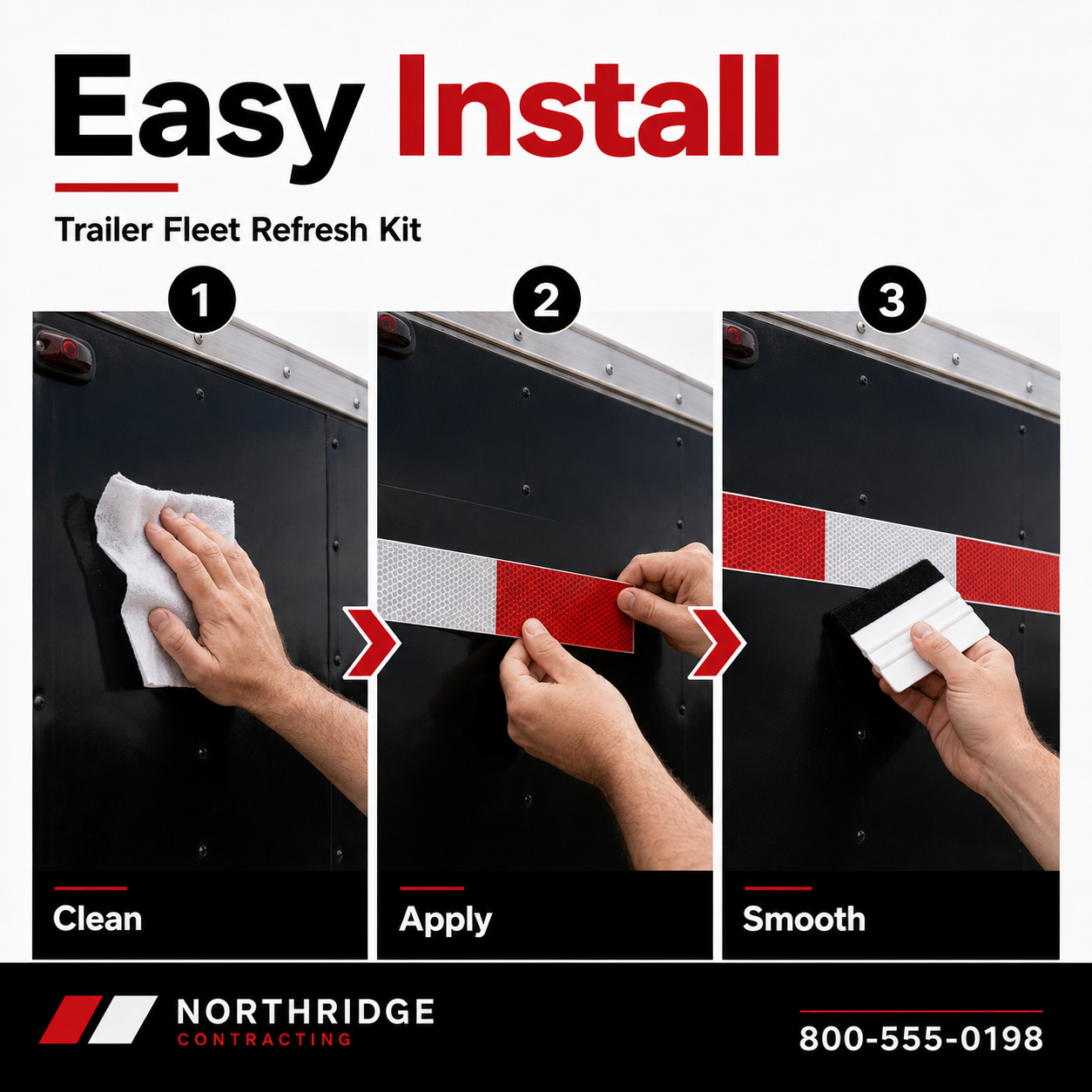 Easy install guide for Trailer Fleet Refresh Kit showing clean apply and smooth reflective trailer tape