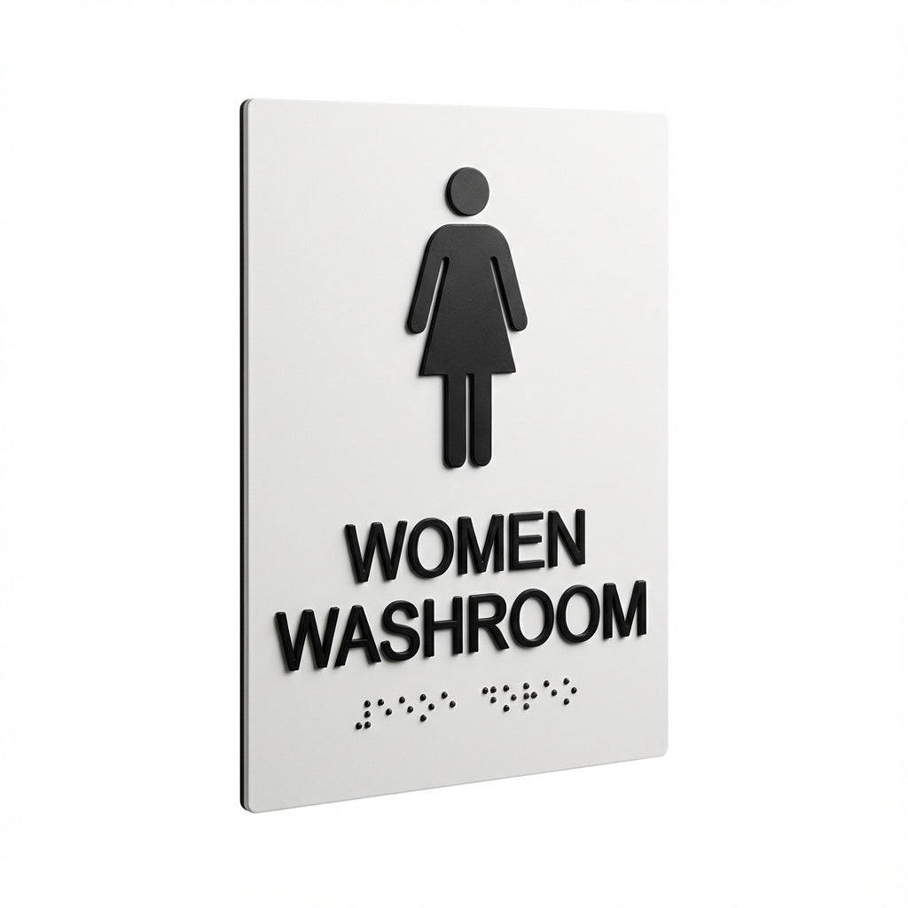 AODA tactile Braille washroom sign, Ontario accessibility compliance