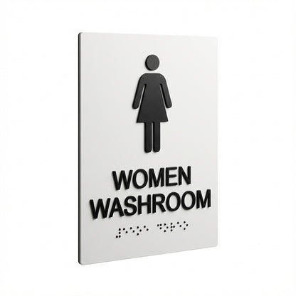 AODA tactile Braille washroom sign, Ontario accessibility compliance