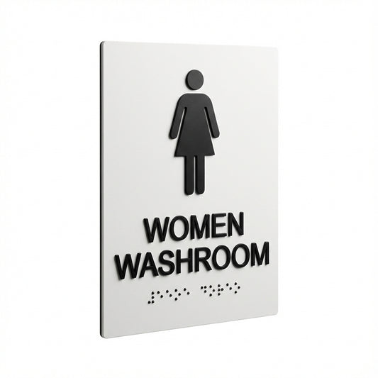 AODA tactile Braille washroom sign, Ontario accessibility compliance