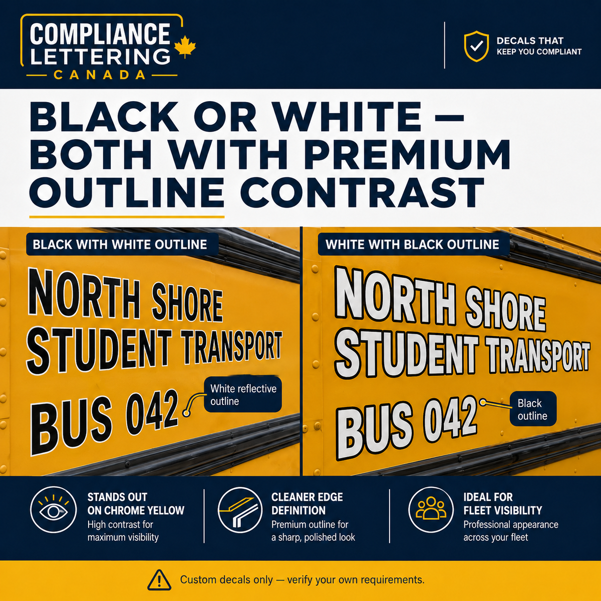 Black with white outline and white with black outline school bus lettering comparison