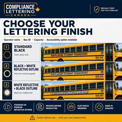 School bus lettering finish options showing Standard Black Black with White Reflective Outline and White Reflective with Black Outline