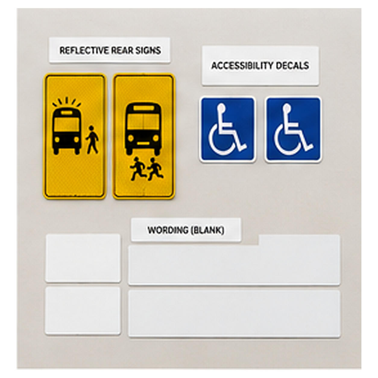 Complete school bus replacement-marking kit flat lay with separately itemized pieces and approved proof