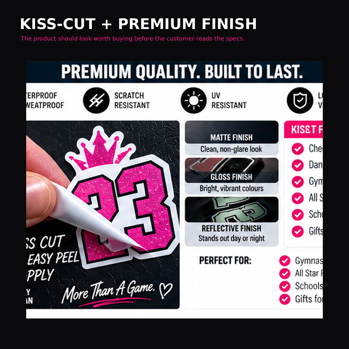 Close-up cheer and dance kiss-cut name sticker with premium finish and easy-peel contour.
