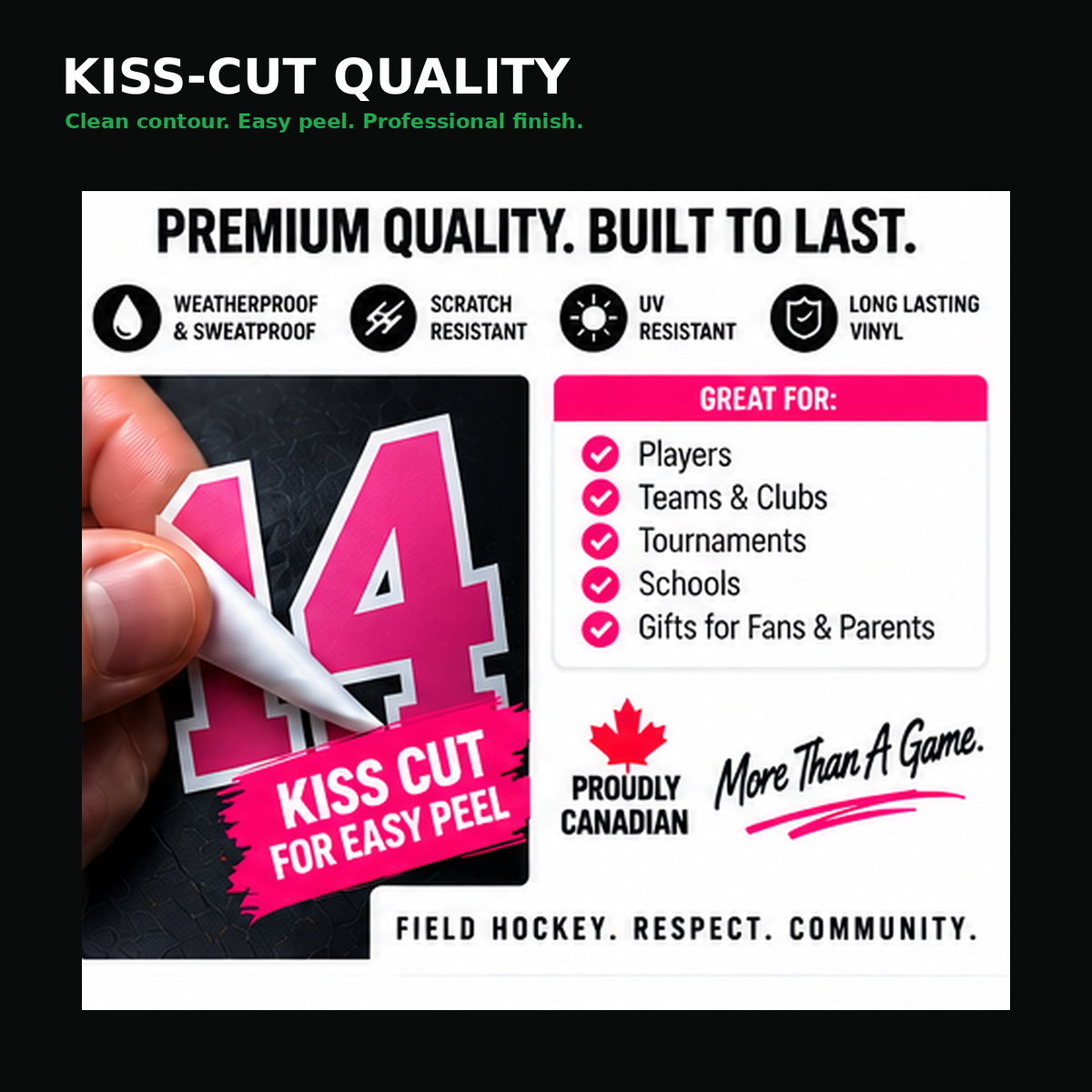 Close-up field hockey number kiss-cut sticker showing a clean easy-peel contour.