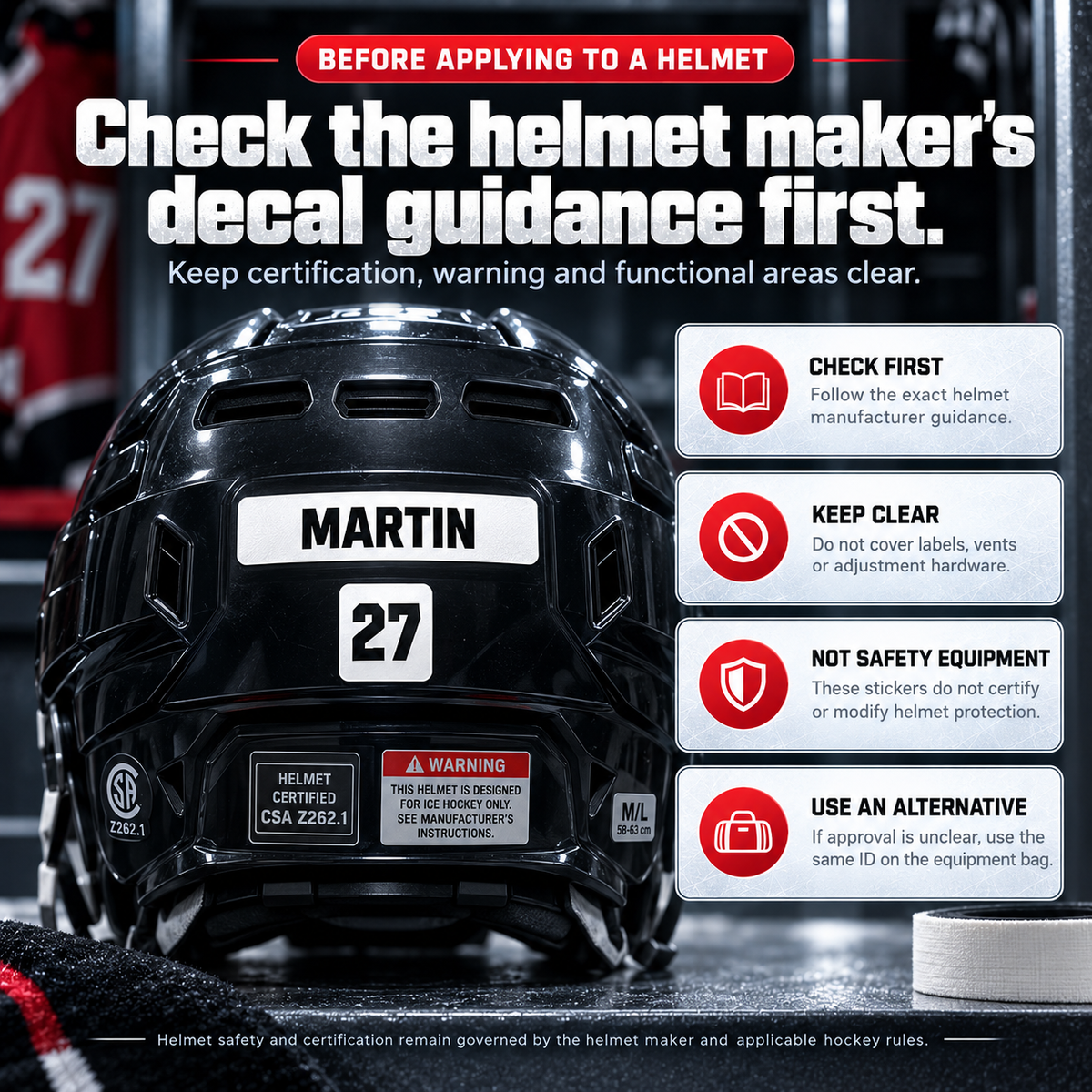 Hockey helmet decal guidance showing custom player stickers while keeping certification, warning and functional areas clear.