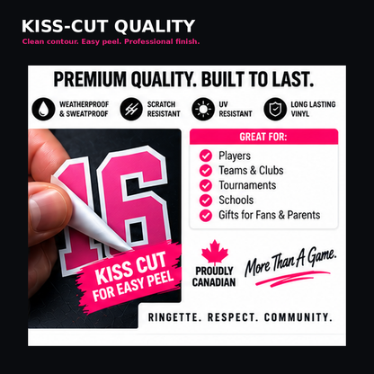 Close-up ringette number kiss-cut sticker showing a clean easy-peel contour.