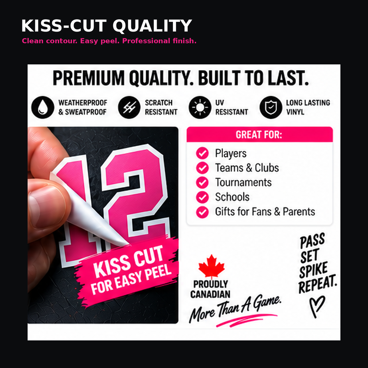 Close-up volleyball number kiss-cut sticker showing a clean easy-peel contour.