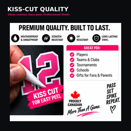 Close-up volleyball number kiss-cut sticker showing a clean easy-peel contour.