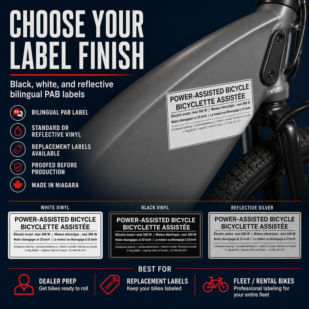 Choose your Ontario e-bike PAB label finish: white vinyl, black vinyl, or reflective white