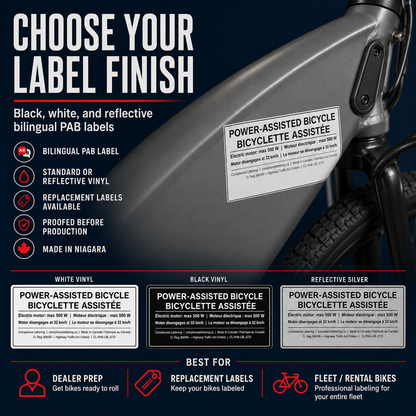 Choose your Ontario e-bike PAB label finish: white vinyl, black vinyl, or reflective white