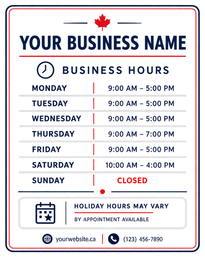 Clear Transparent Modern Business Hours Sign with Canadian Accents   d1a418de