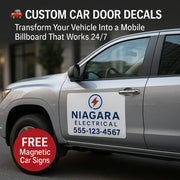 Custom outdoor car decals on a vehicle door, printed in Canada