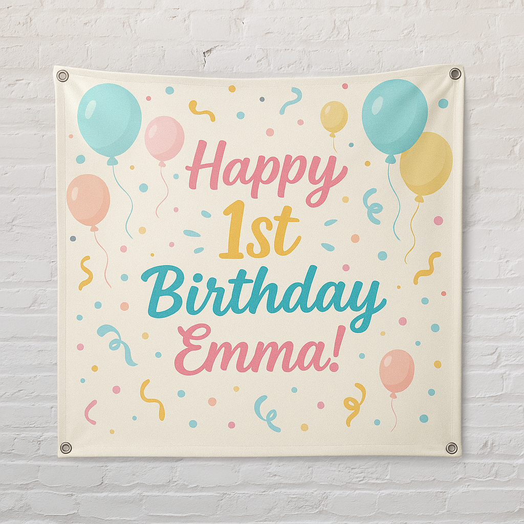 Personalized kids birthday banner mockup - custom printed vinyl banner with balloons and confetti, hemmed edges and metal grommets