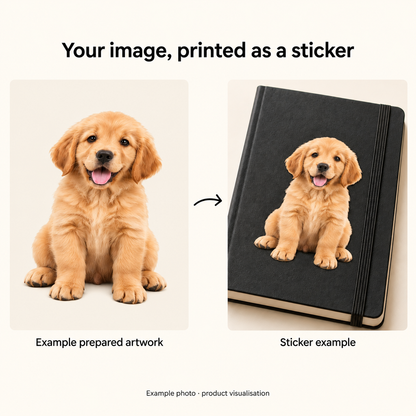 Example prepared photo artwork beside a contour-cut sticker visualisation on a notebook; notebook not included.