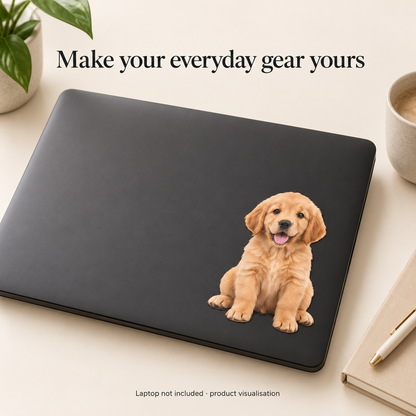 Product visualisation of a synthetic puppy photo sticker on an unbranded laptop; laptop and desk props not included.