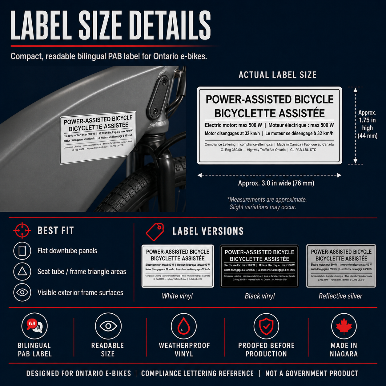Ontario e-bike PAB label size details and finish selection guide