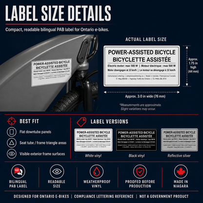 Ontario e-bike PAB label size details and finish selection guide