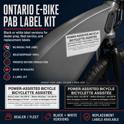 Ontario e-bike PAB label kit promo with black, white, and reflective white bilingual label options