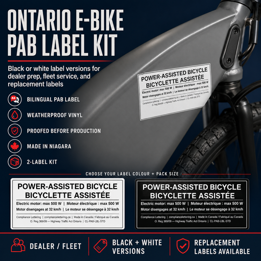 Ontario e-bike PAB label kit promo with black, white, and reflective white bilingual label options