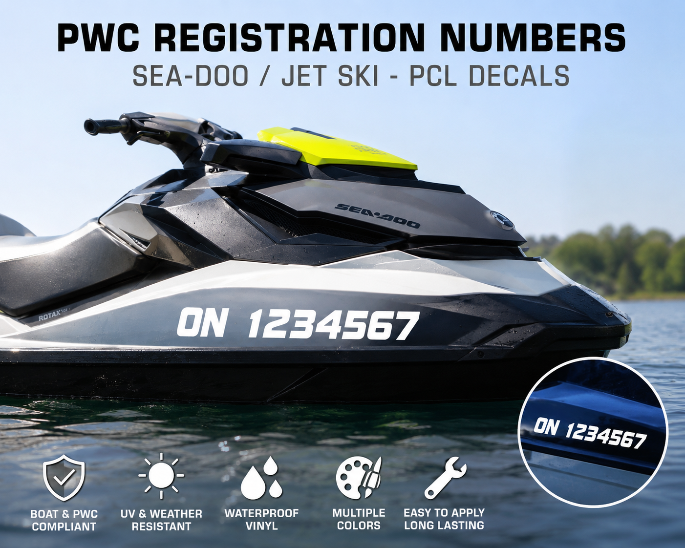 PWC registration numbers applied to personal watercraft hull with close-up compliance decal detail