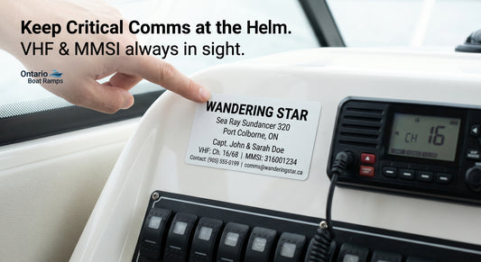Custom boat helm sticker shown beside marine controls
