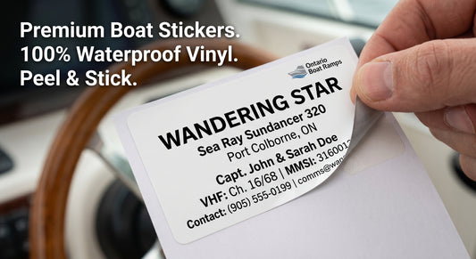 Custom boat identity card and helm sticker being peeled from its backing