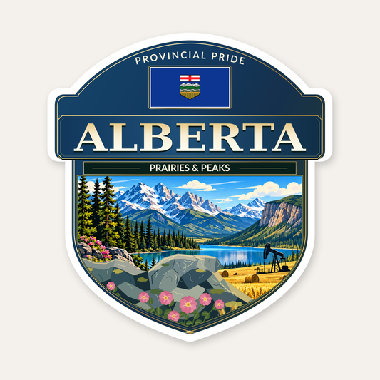 Alberta badge decal, shield design with the Alberta flag panel
