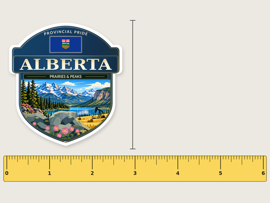 Alberta badge decal, 3 in size beside a 6 in ruler