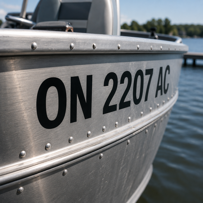 Aluminum fishing boat registration numbers Canada — hull at dock, TC compliant