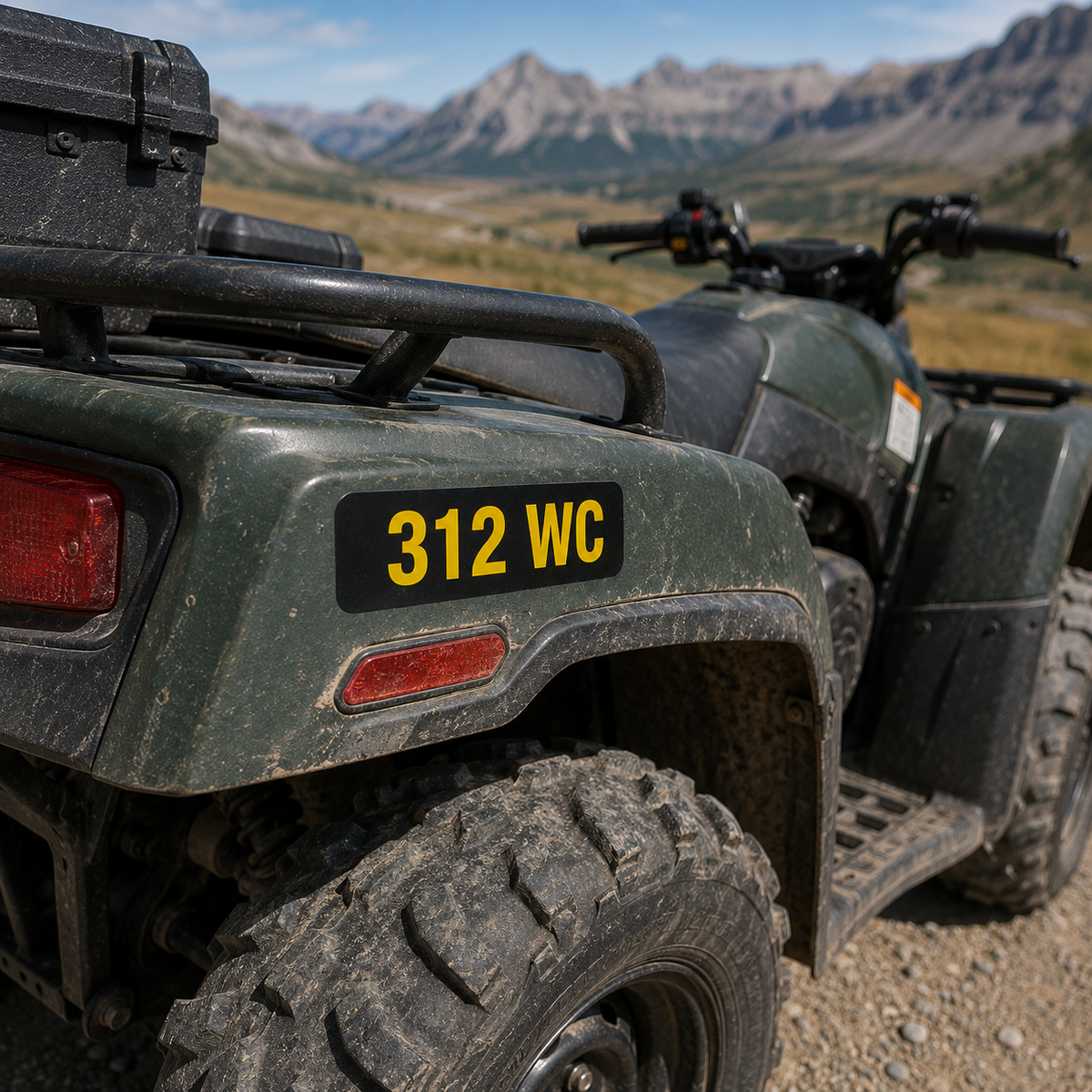 ATV registration number decal in yellow on black reading 312 WC on the rear fender of a quad ATV on a gravel mountain trail in western Canada
