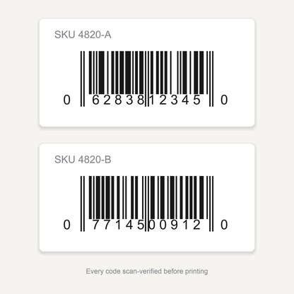 Two barcode label specimens with scannable UPC-A codes and SKU lines, printed on matte synthetic roll labels