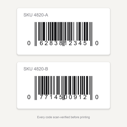 Two barcode label specimens with scannable UPC-A codes and SKU lines, printed on matte synthetic roll labels