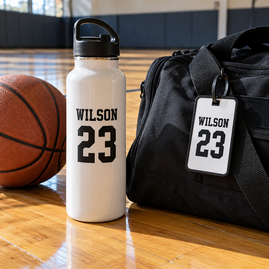 Wilson name and number 23 stickers on a water bottle and gym bag tag beside a basketball.