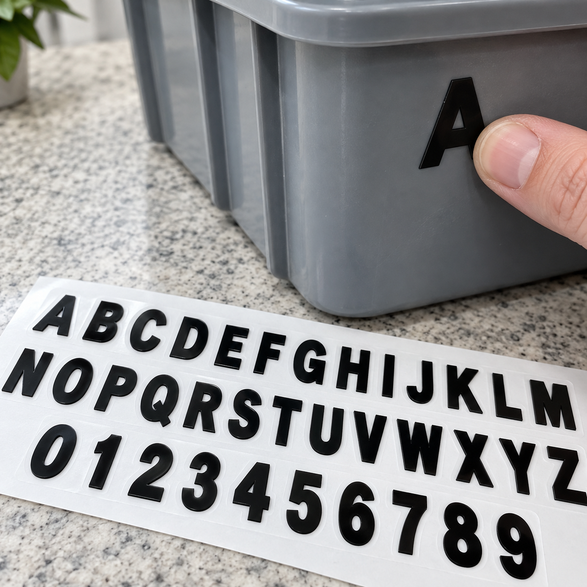 Small black vinyl alphabet letters and numbers on white backing paper beside a fingertip pressing A onto a grey bin.