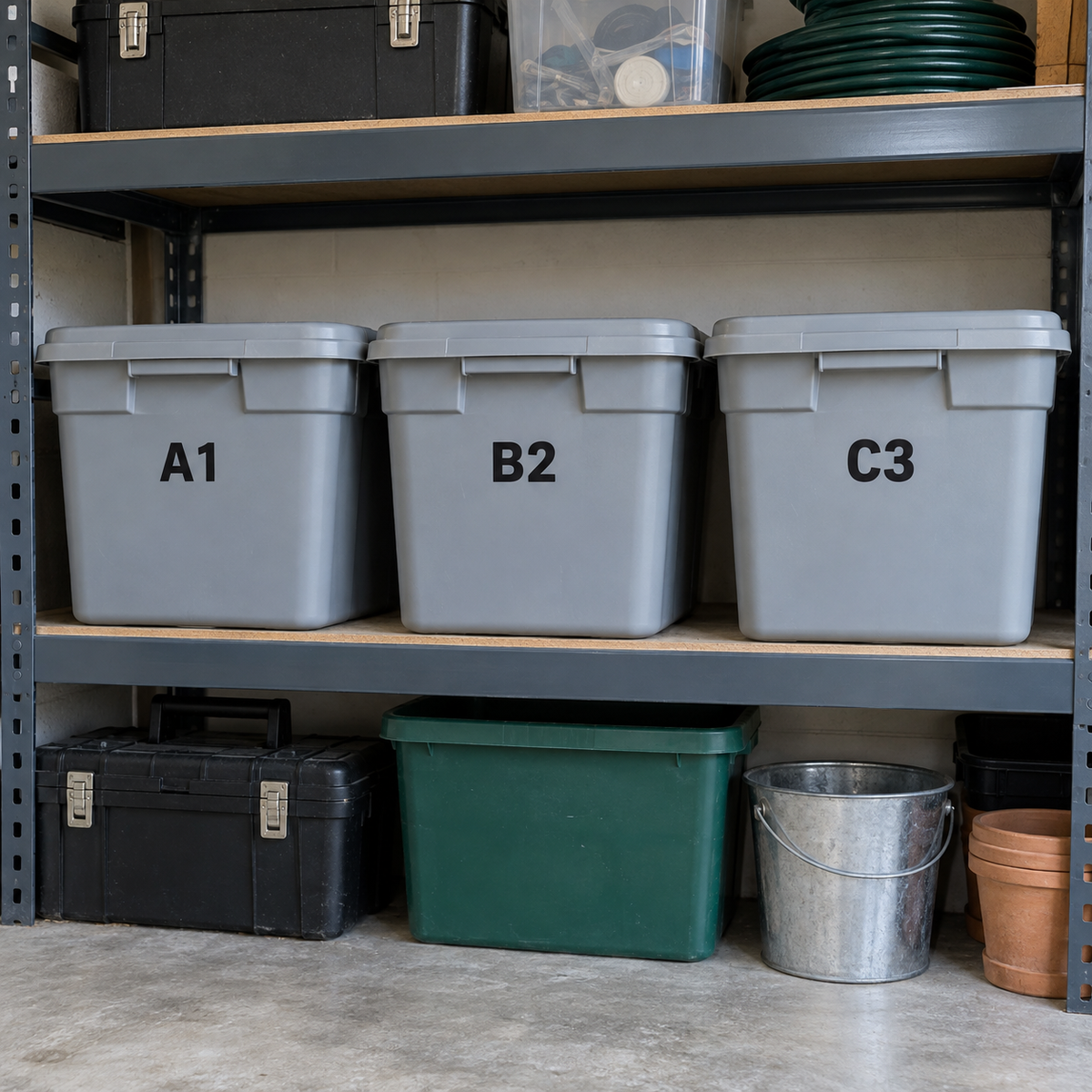 Grey storage bins on garage shelving labelled A1, B2 and C3 with 1 inch black cut vinyl characters.