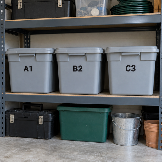 Grey storage bins on garage shelving labelled A1, B2 and C3 with 1 inch black cut vinyl characters.
